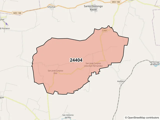 Mapa del código postal 24404, Champotón, Campeche