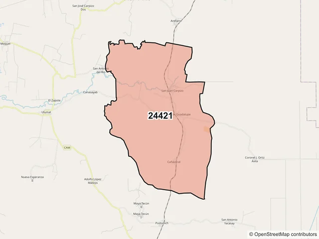 Mapa del código postal 24421, Champotón, Campeche