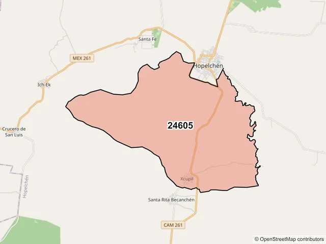 Mapa del código postal 24605, Hopelchén, Campeche