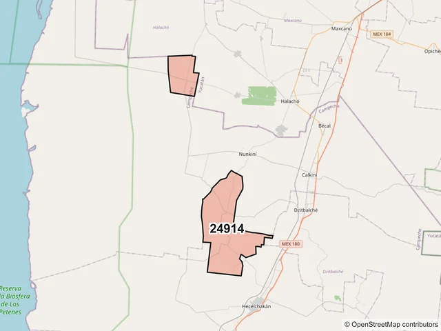 Mapa del código postal 24914, Calkiní, Campeche