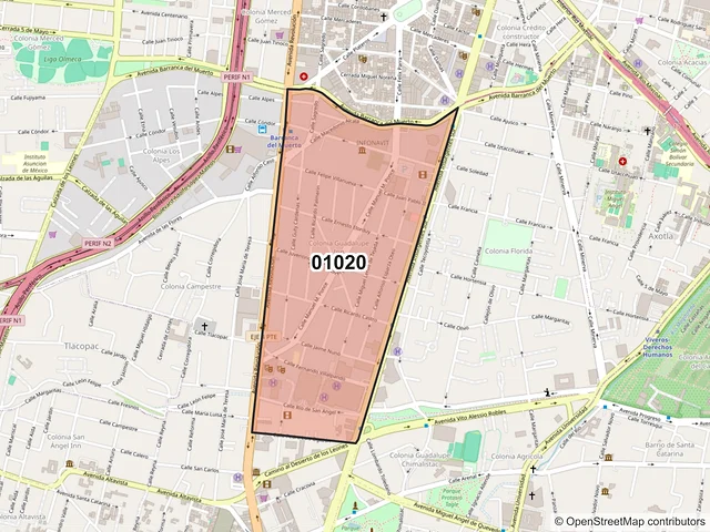 Mapa del código postal 01020, Álvaro Obregón, Ciudad de México