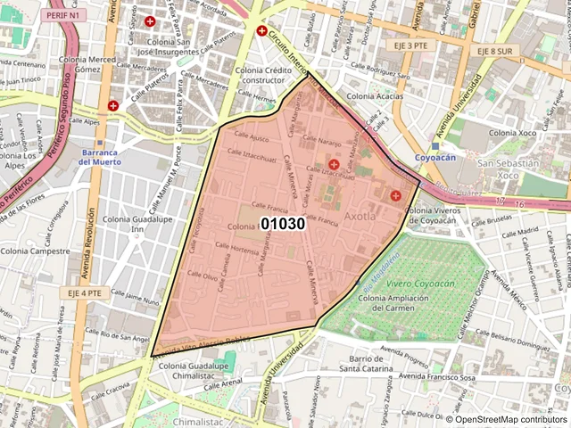 Mapa del código postal 01030, Álvaro Obregón, Ciudad de México