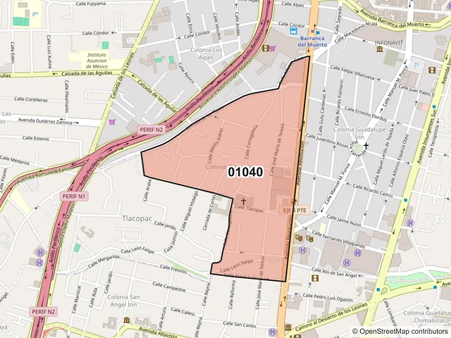 Mapa del código postal 01040, Álvaro Obregón, Ciudad de México