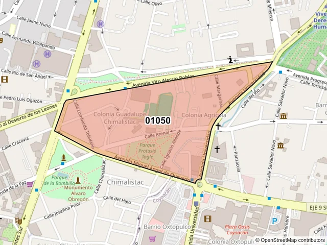 Mapa del código postal 01050, Álvaro Obregón, Ciudad de México