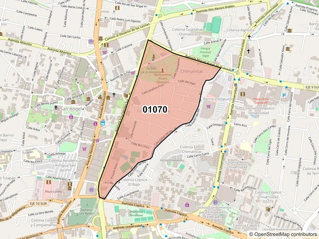 Mapa del código postal 01070, Álvaro Obregón, Ciudad de México