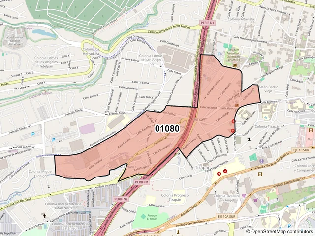 Mapa del código postal 01080, Álvaro Obregón, Ciudad de México