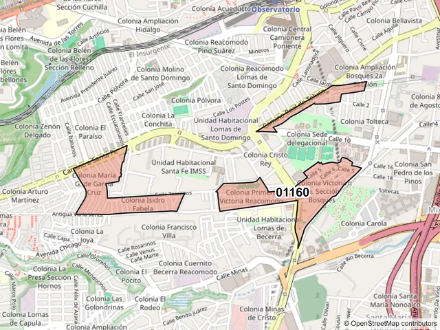 Mapa del código postal 01160, Álvaro Obregón, Ciudad de México