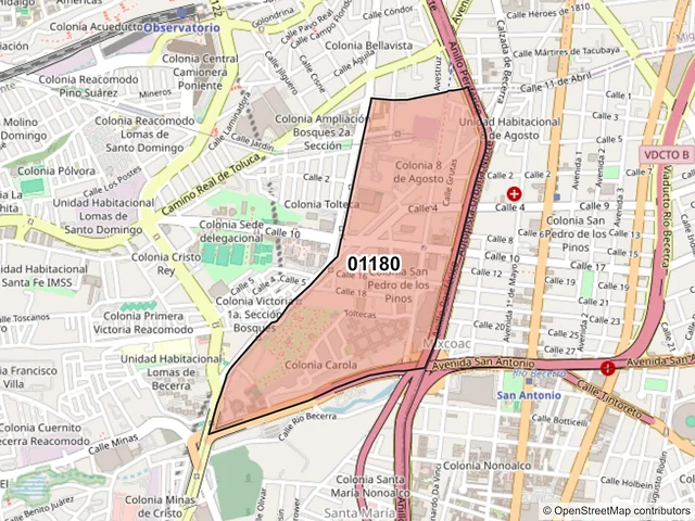 Mapa del código postal 01180, Álvaro Obregón, Ciudad de México