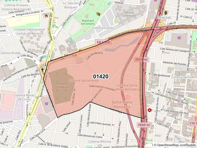 Mapa del código postal 01420, Álvaro Obregón, Ciudad de México