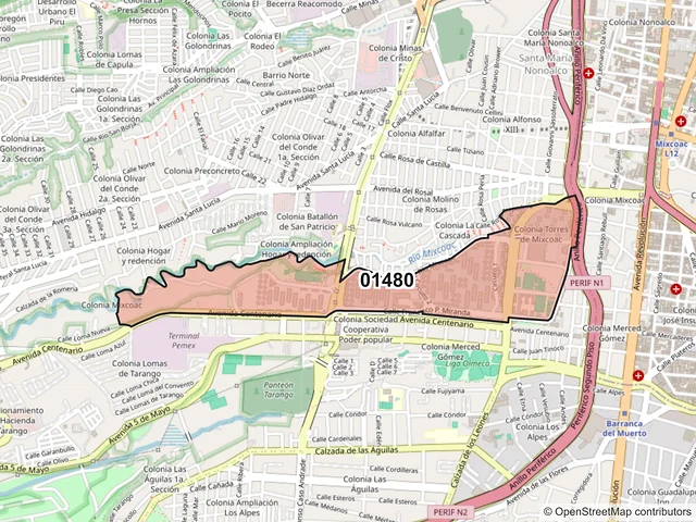 Mapa del código postal 01480, Álvaro Obregón, Ciudad de México
