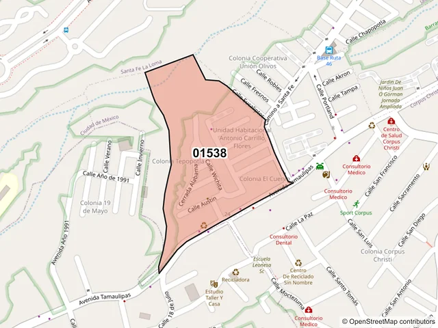 Mapa del código postal 01538, Álvaro Obregón, Ciudad de México