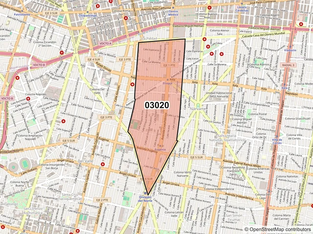 Mapa del código postal 03020, Benito Juárez, Ciudad de México