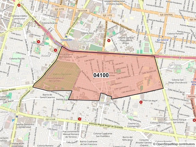 Mapa del código postal 04100, Coyoacán, Ciudad de México