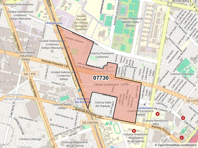 Mapa del código postal 07730, Gustavo A. Madero, Ciudad de México