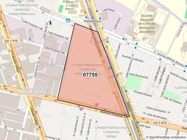 Mapa del código postal 07755, Gustavo A. Madero, Ciudad de México
