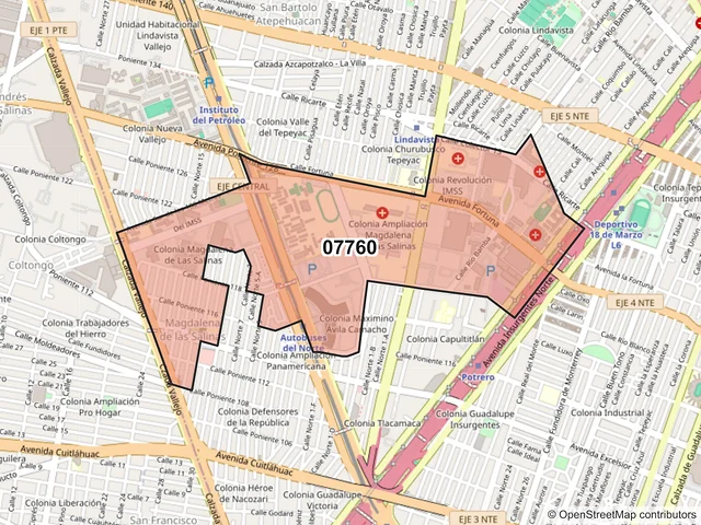 Mapa del código postal 07760, Gustavo A. Madero, Ciudad de México