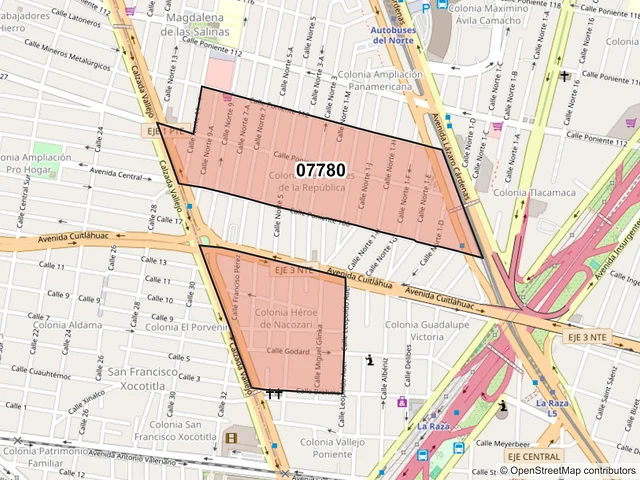 Mapa del código postal 07780, Gustavo A. Madero, Ciudad de México