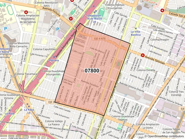 Mapa del código postal 07800, Gustavo A. Madero, Ciudad de México