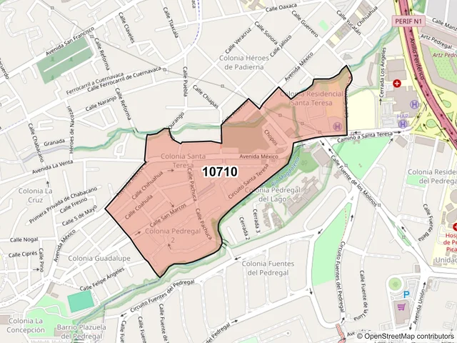 Mapa del código postal 10710, La Magdalena Contreras, Ciudad de México