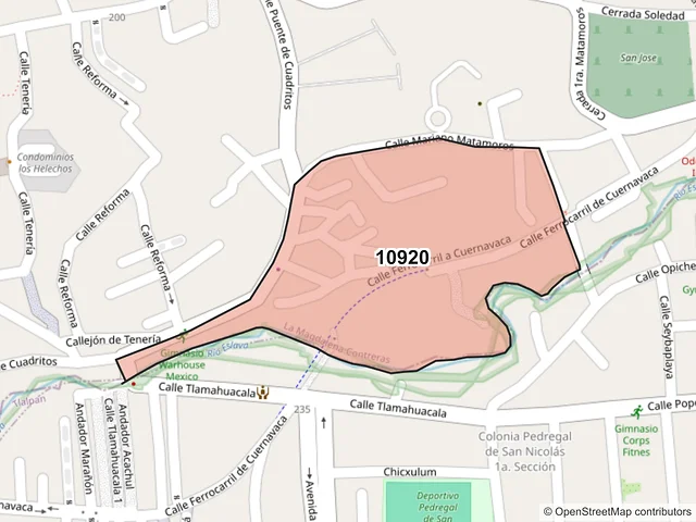 Mapa del código postal 10920, La Magdalena Contreras, Ciudad de México