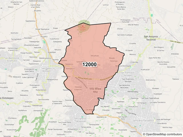 Mapa del código postal 12000, Milpa Alta, Ciudad de México