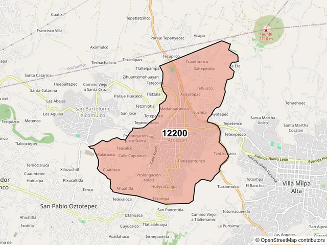 Mapa del código postal 12200, Milpa Alta, Ciudad de México