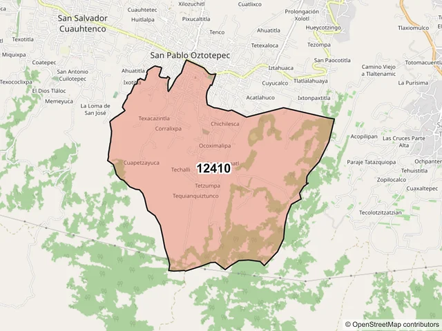 Mapa del código postal 12410, Milpa Alta, Ciudad de México