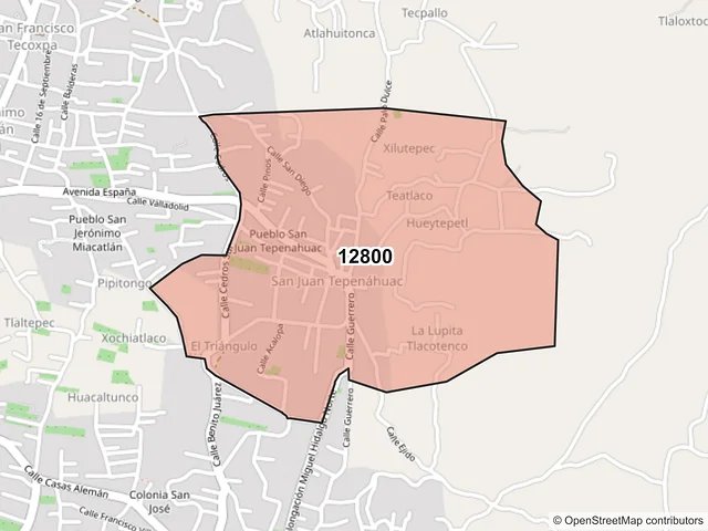 Mapa del código postal 12800, Milpa Alta, Ciudad de México