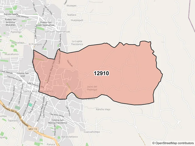 Mapa del código postal 12910, Milpa Alta, Ciudad de México