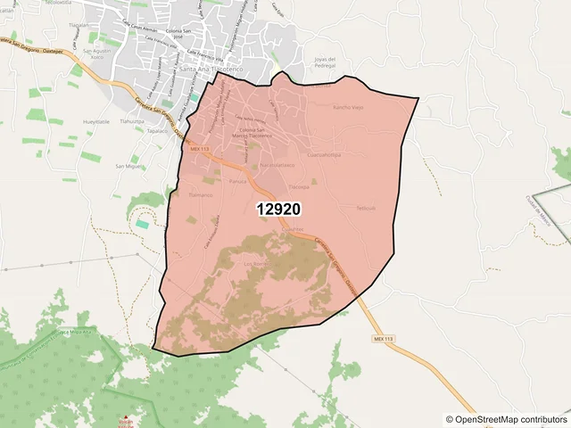 Mapa del código postal 12920, Milpa Alta, Ciudad de México