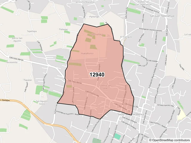 Mapa del código postal 12940, Milpa Alta, Ciudad de México
