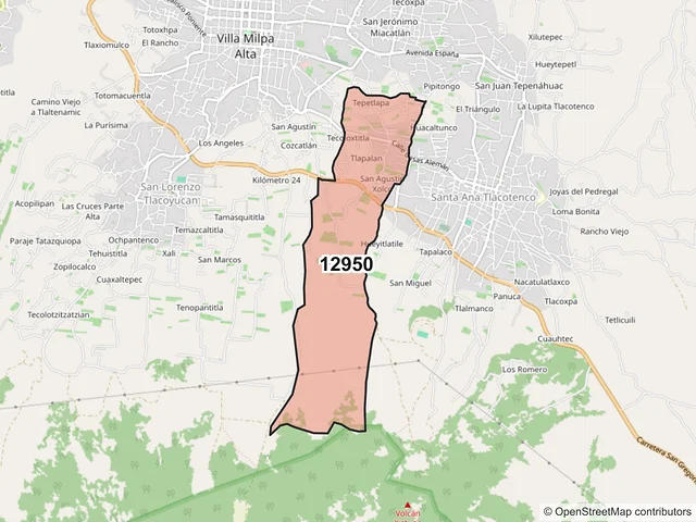 Mapa del código postal 12950, Milpa Alta, Ciudad de México