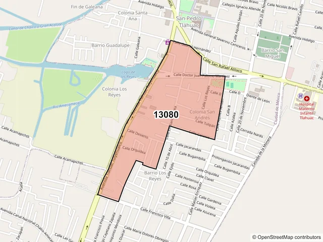 Mapa del código postal 13080, Tláhuac, Ciudad de México
