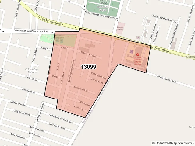 Mapa del código postal 13099, Tláhuac, Ciudad de México