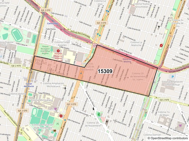Mapa del código postal 15309, Venustiano Carranza, Ciudad de México