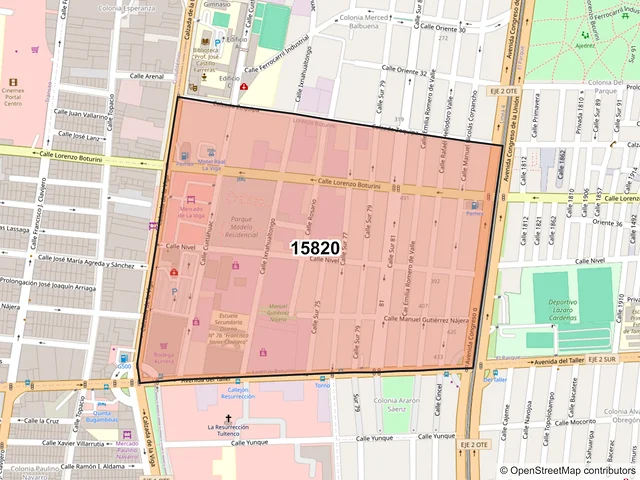 Mapa del código postal 15820, Venustiano Carranza, Ciudad de México