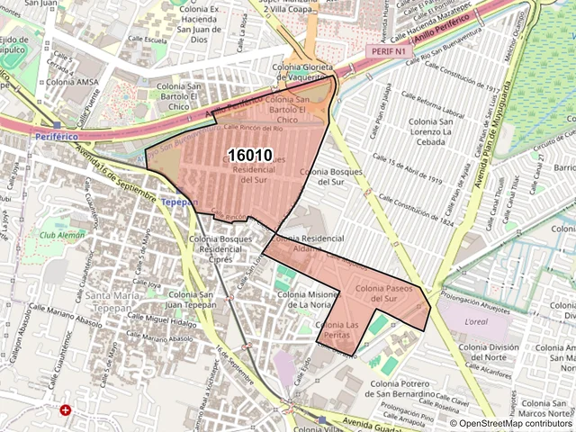 Mapa del código postal 16010, Xochimilco, Ciudad de México