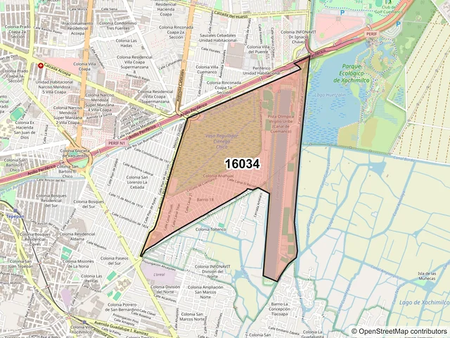 Mapa del código postal 16034, Xochimilco, Ciudad de México