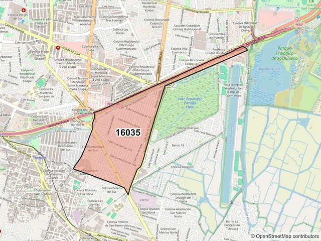 Mapa del código postal 16035, Xochimilco, Ciudad de México
