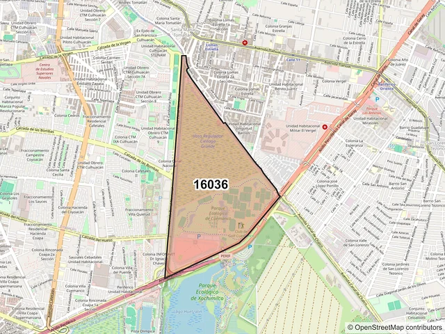 Mapa del código postal 16036, Xochimilco, Ciudad de México