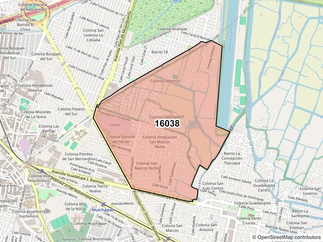 Mapa del código postal 16038, Xochimilco, Ciudad de México
