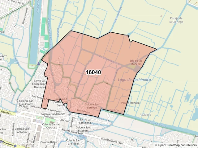 Mapa del código postal 16040, Xochimilco, Ciudad de México
