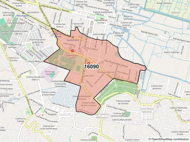Mapa del código postal 16090, Xochimilco, Ciudad de México