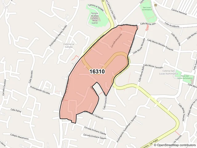 Mapa del código postal 16310, Xochimilco, Ciudad de México