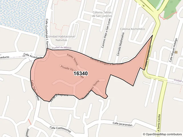 Mapa del código postal 16340, Xochimilco, Ciudad de México
