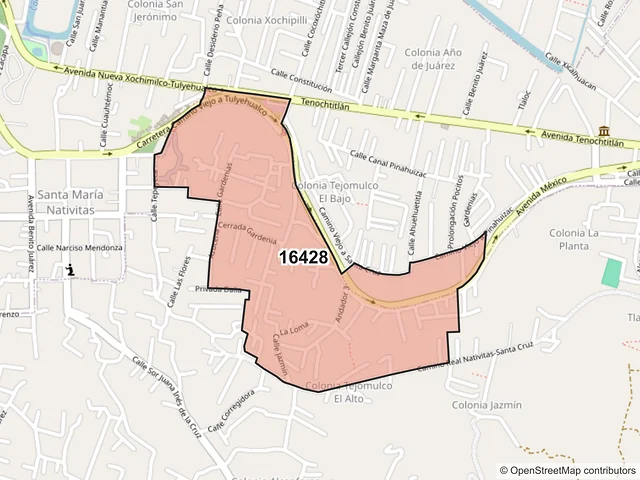 Mapa del código postal 16428, Xochimilco, Ciudad de México