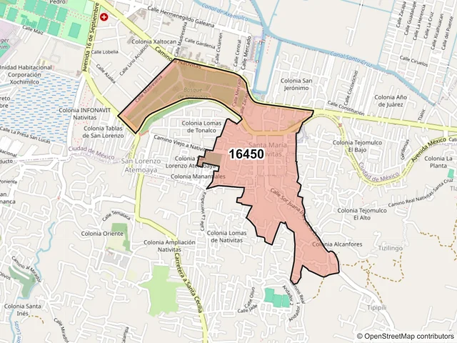 Mapa del código postal 16450, Xochimilco, Ciudad de México