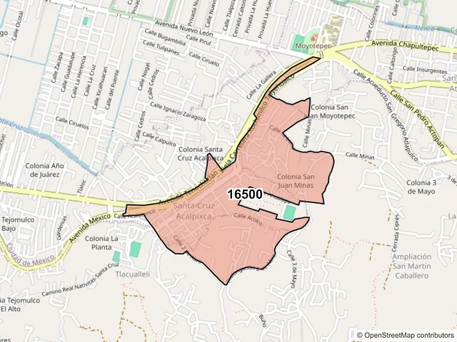 Mapa del código postal 16500, Xochimilco, Ciudad de México