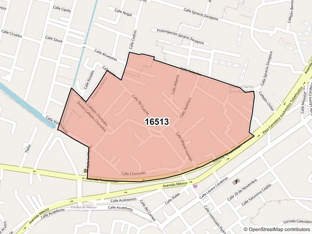 Mapa del código postal 16513, Xochimilco, Ciudad de México