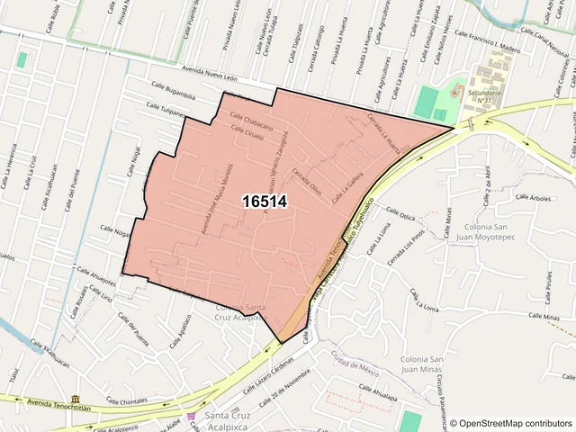 Mapa del código postal 16514, Xochimilco, Ciudad de México
